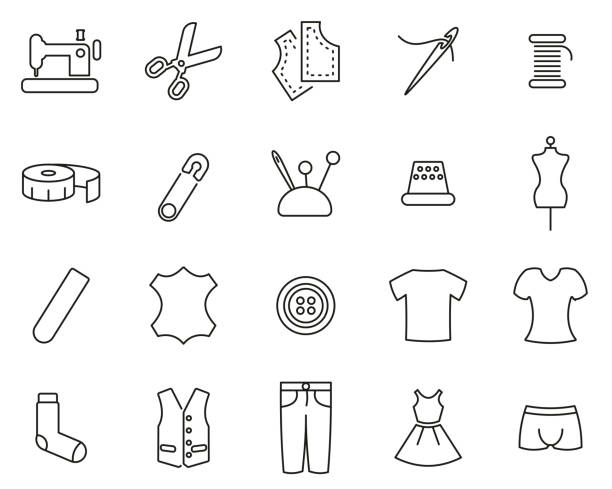 illustrations, cliparts, dessins animés et icônes de tailor shop icons black - white thin line set big - pin head