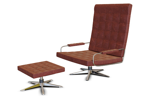 A realistic 3 D rendered model of a retro leather armchair with a footstool. The chair and the footstool are in burgundy leather and the frame parts are in steel and metal.