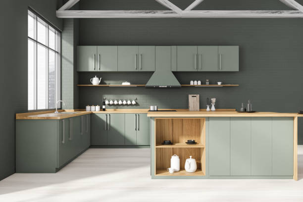 istock Grey kitchen interior with countertops and island 1270911333