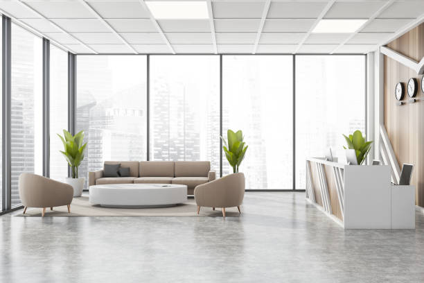 istock Reception and beige sofa in office waiting room 1270911493