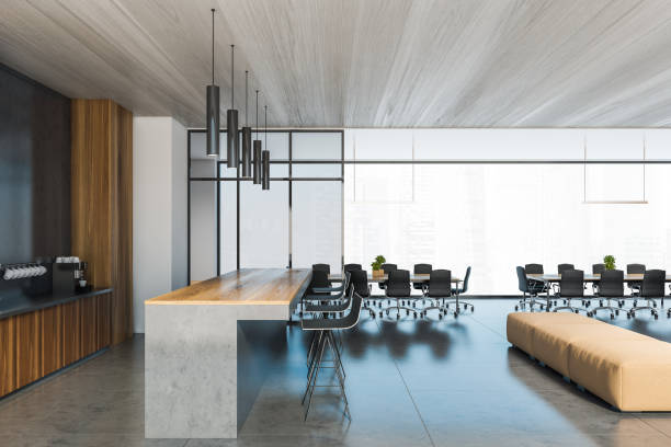 istock Grey and wooden meeting room interior 1270911585