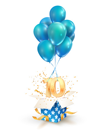 10th years celebrations. Greetings of ten anniversary isolated vector design elements. Open textured gift box with numbers and flying on balloons.