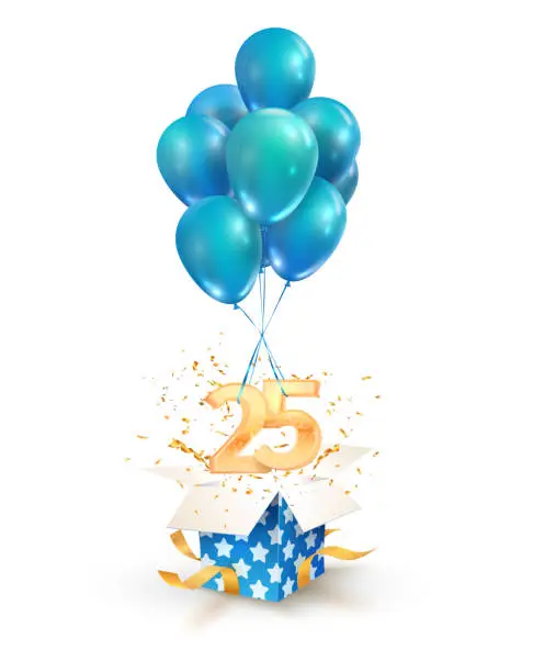 Vector illustration of 25th years celebrations. Greetings of twenty-five anniversary isolated vector design elements. Open textured gift box with numbers and flying on balloons.