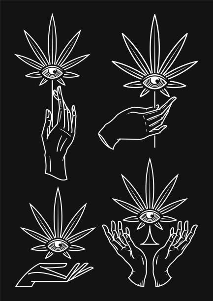 Cannabis leaf hands and eye Collection of vector hands holding cannabis leafs that contain an eye at the center of it. weeding stock illustrations