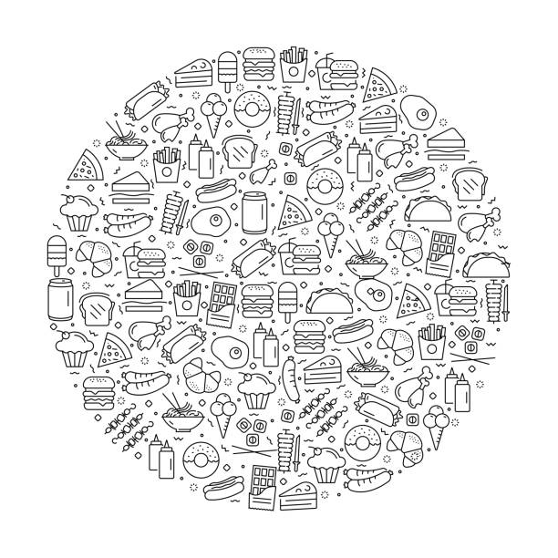 шаблон с фаст-фудом и иконами уличной еды. черно-белые иконки тонкой линии - street food illustrations stock illustrations