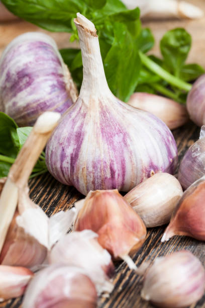 broken garlic and green Basil vegetables on the table during cooking ripe broken garlic and green Basil vegetables and spices on the cutting Board close up Relish stock pictures, royalty-free photos & images