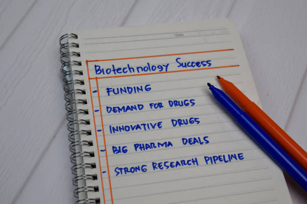 istock Biotechnology Success write on a book with keywords isolated wooden table. 1270916238