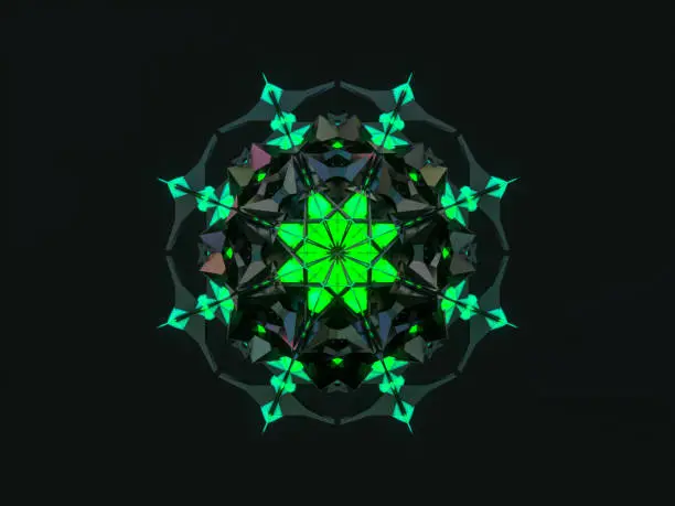 Photo of Abstract 3d geometric crystal mandala flower with neon light. faceted gem, winter snowflake.