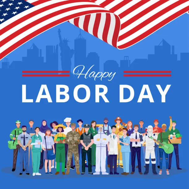 Vector illustration of Happy Labor Day. Various occupations people standing with American flag. Vector