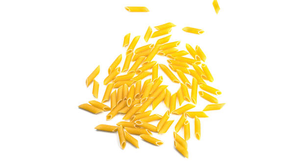 istock Raw penne rigate shape of italian pasta on white background 1270920075