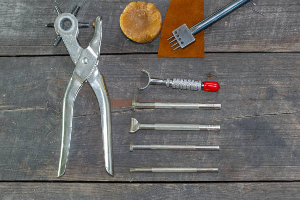 Leather instruments kit. Flat set. Retro leather tooling stamps for handmade leather workshop.