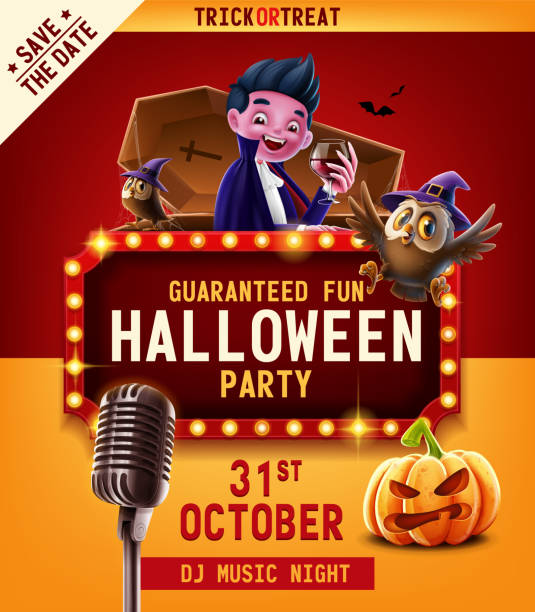 halloween-party-einladung mit musik - krypta stock-grafiken, -clipart, -cartoons und -symbole