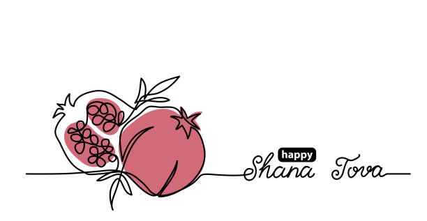 ilustraciones, imágenes clip art, dibujos animados e iconos de stock de shana tova fondo vectorial simple con granada. un dibujo de línea continua con letras feliz shana tova - shana tova