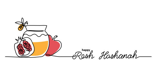 ilustraciones, imágenes clip art, dibujos animados e iconos de stock de rosh hashanah fondo vectorial simple con miel, manzana, granada y abeja. un dibujo de línea continua con letras feliz rosh hashanah - rosh hashanah