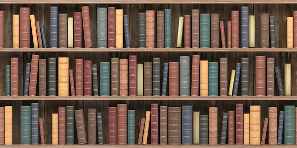 Vintage books on old wooden shelf. Old library or antique bookshop. Tiled seamless texture, wallpaper or background. 3d illustration