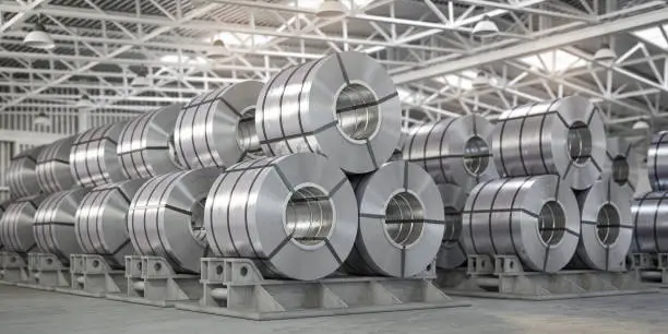 Rolls of metal sheet. Zinc, aluminium or steel sheet rolls on warehouse in factory. 3d illustration