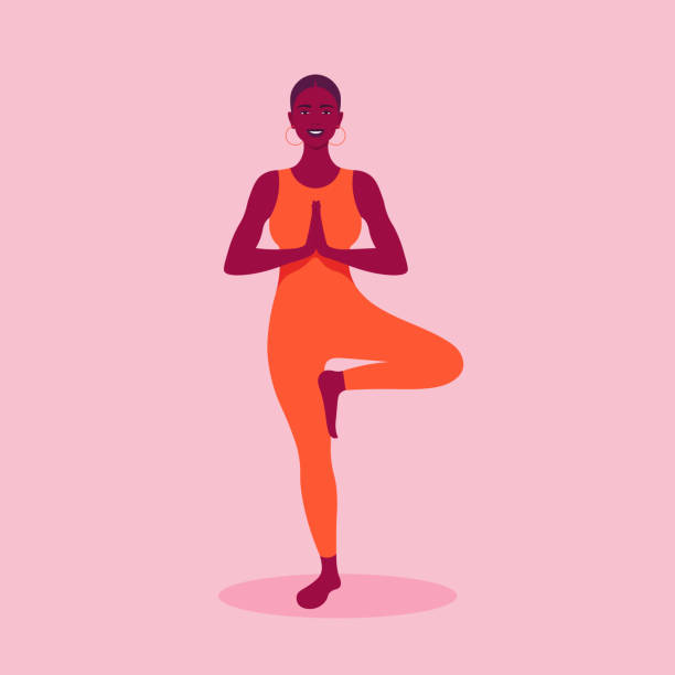 An African woman is standing in a yoga pose. Exercise for health. An African woman is standing in a yoga pose. Exercise for health. Vector flat illustration one woman only illustrations stock illustrations
