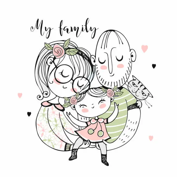 Vector illustration of Happy family. Mother father and daughter. Vector