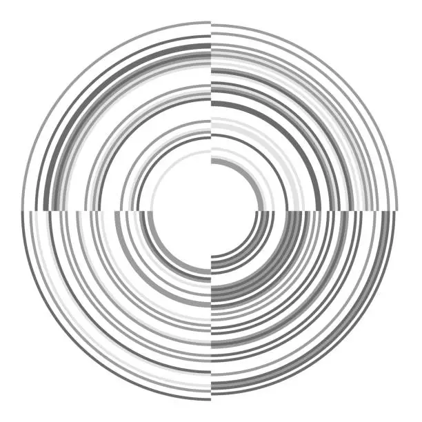 Vector illustration of Quarter circles around middle, 90-degree perpendicular sections.