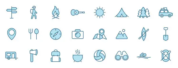 Vector illustration of camping outline icons in two colors for web, mobile and ui design. camping blue vector icons isolated on white background