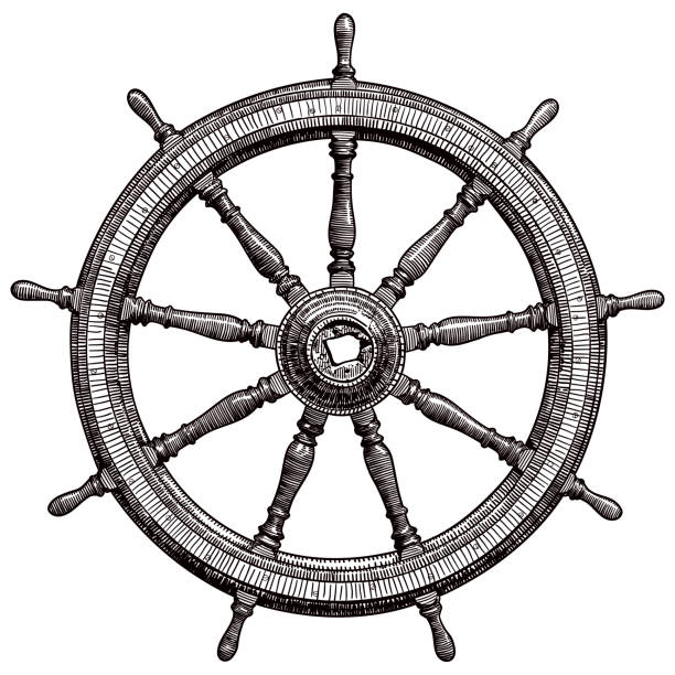 Drawing of vintage ship steering wheel Vector illustration of an old steering wheel wheel illustrations stock illustrations
