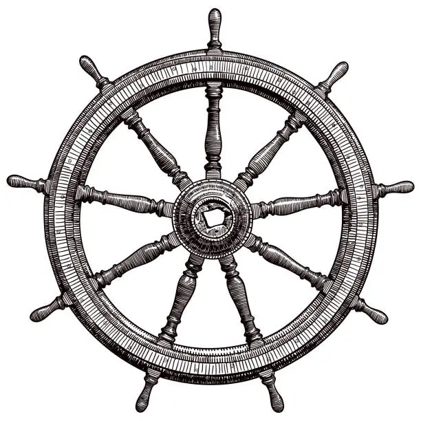 Vector illustration of Drawing of vintage ship steering wheel