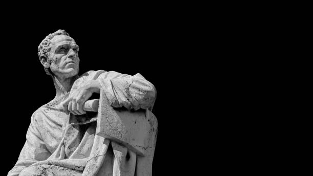 Senator of Ancient Rome (Black and White with copy space) The great orator Lucius Licinius Crassus old marble statue in front of Old Palace of Justice in Rome roman stock pictures, royalty-free photos & images