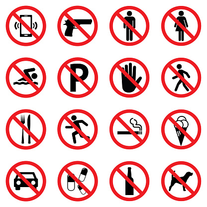 Prohibition sign set for call phone , pistol , entry , swimming , parking , walk , food , running , smoking , ice cream , car , pills , alcohol and dog . Vector Illustration