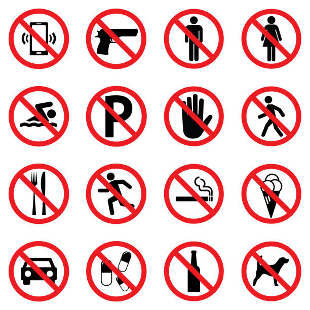 Prohibition sign set for call phone , pistol , entry , swimming , parking , walk , food , running , smoking , ice cream , car , pills , alcohol and dog Prohibition sign set for call phone , pistol , entry , swimming , parking , walk , food , running , smoking , ice cream , car , pills , alcohol and dog . Vector Illustration weapon stock illustrations