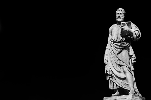 Saint Peter holding the key of heaven statue on Holy Angel Bridge in Rome, made in the 17th century by sculptor Lorenzetto