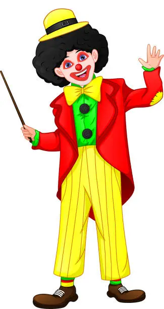 Vector illustration of cartoon clown holding stick and waving