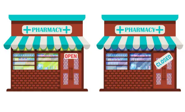 Vector illustration of The pharmacy is open and closed. illustrations of the exterior facade of the state task.A collection of store facades isolated on a white background.Vector illustration in flat style