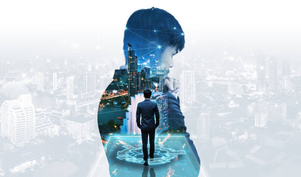 istock Double exposure business man on futuristic network connect city technology background 1270939607