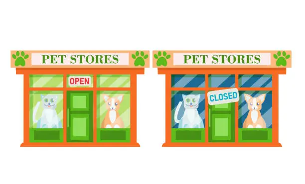 Vector illustration of Pet store open and close.A collection of store facades isolated on a white background.Vector illustration in flat style