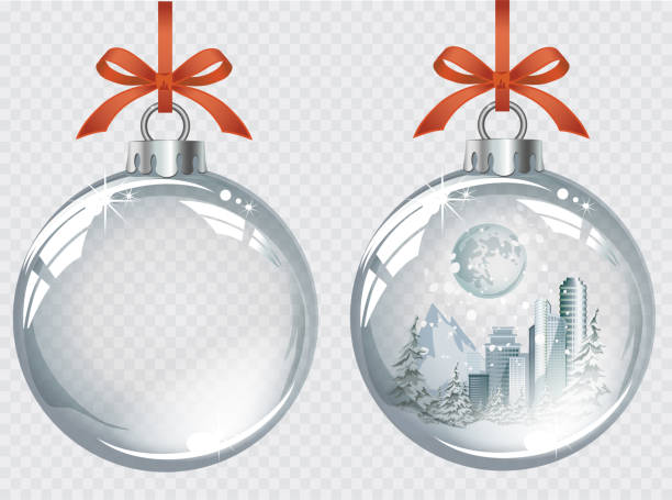 istock Vector realistic transparent silver Christmas balls with winter city, snow and moon 1270941573