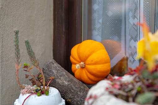 Halloween decoration at door and window sill in Rothenburg, Germany