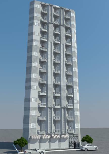 istock 3d illustration colored rendering building real estate with road , trees and sky view . 1270948580