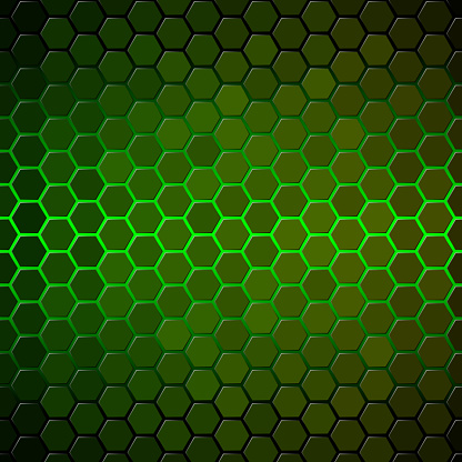 Green glow behind backlit hexagon tiles covering surface. Honeycomb pattern with individually lit shapes. Gradient.