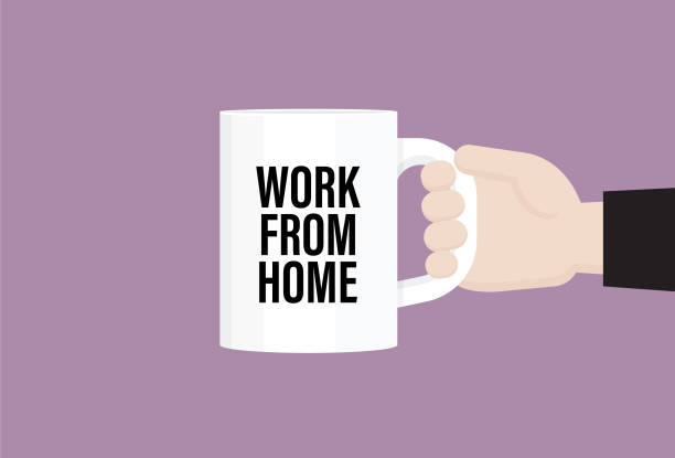 ilustraciones, imágenes clip art, dibujos animados e iconos de stock de empresario tiene una taza de café con texto de "trabajo desde casa" - coffee coffee break cup break