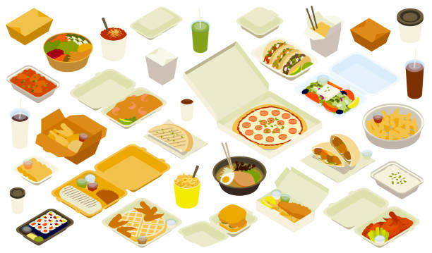 takeout lieferung illustration icons - waffle chicken fried chicken food stock-grafiken, -clipart, -cartoons und -symbole