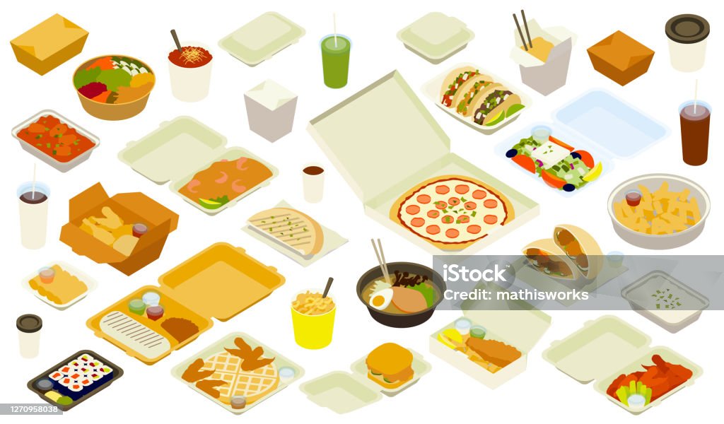 Takeout Delivery Illustration Icons 30+ spot illustrations of popular takeout (carryout, takeaway) or delivery meals are presented in isometric view, in this richly-detailed icon set. Items include a Poke or Bibimbap Bowl, Chili, Matcha Frappe, Tacos, Lo Mein Noodles, Chicken Tikka Masala, Shrimp Pad Thai, Pizza, Greek Salad, Iced Coffee, Cola, Fried Chicken with Biscuit, Flatbread or Naan, Hot Chocolate, Falafel Sandwich on a Pita, French Fries, Spring Rolls, Burrito, Mac and Cheese, Ramen, Jasmine Rice, Latte, Sushi, Chicken and Waffles, Fried Chicken Sandwich, Fish and Chips, and Buffalo Wings, along with a number of closed cartons, boxes, and packages you can use to communicate other foods. Isometric Projection stock vector