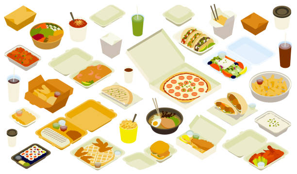 Takeout Delivery Illustration Icons 30+ spot illustrations of popular takeout (carryout, takeaway) or delivery meals are presented in isometric view, in this richly-detailed icon set. Items include a Poke or Bibimbap Bowl, Chili, Matcha Frappe, Tacos, Lo Mein Noodles, Chicken Tikka Masala, Shrimp Pad Thai, Pizza, Greek Salad, Iced Coffee, Cola, Fried Chicken with Biscuit, Flatbread or Naan, Hot Chocolate, Falafel Sandwich on a Pita, French Fries, Spring Rolls, Burrito, Mac and Cheese, Ramen, Jasmine Rice, Latte, Sushi, Chicken and Waffles, Fried Chicken Sandwich, Fish and Chips, and Buffalo Wings, along with a number of closed cartons, boxes, and packages you can use to communicate other foods. pad thai stock illustrations