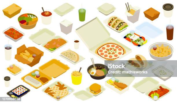 Takeout Delivery Illustration Icons Stock Illustration - Download Image Now - Isometric Projection, Take Out Food, Container