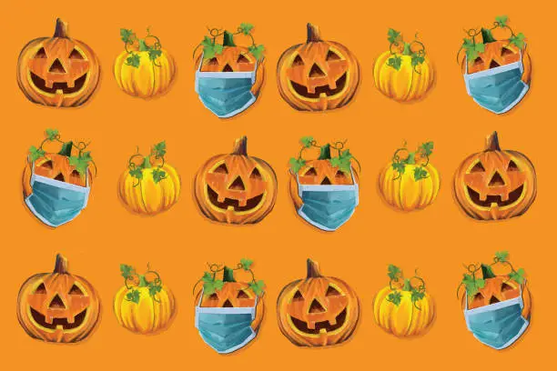 Vector illustration of Pumpkins wearing face masks pattern. Coronavirus concept