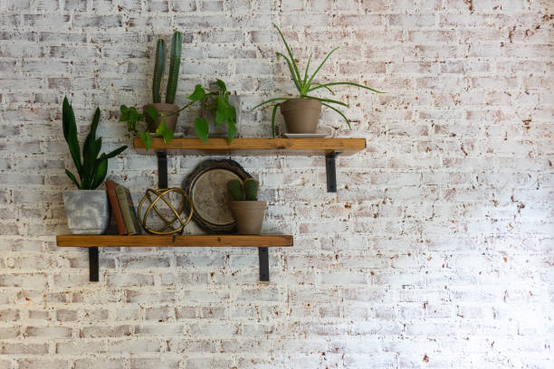 istock Modern stylish white brick wall with shelves and plants on them. 1270959278