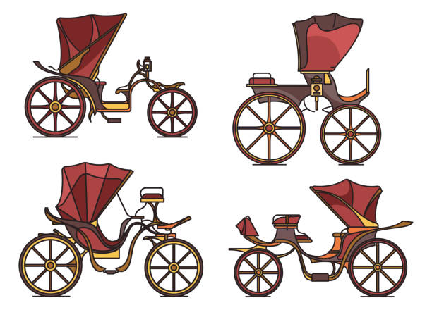 Carriages of XIX century. French chariot in line Open carriages of XIX century. Victorian or French chariot. Retro calash or buggy for marriage, caleche wagon for transportation. Isolated coach, outline or contour of cab. Retro and vintage, victoria caleche stock illustrations