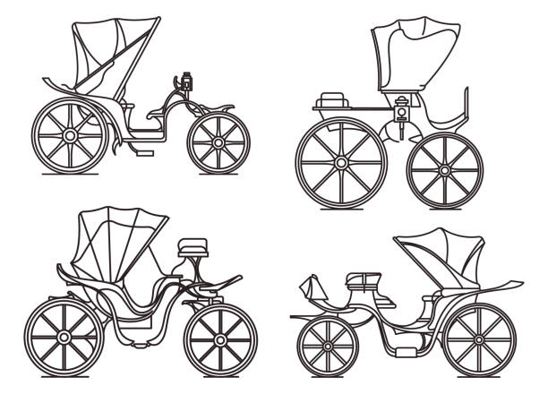 Outline carriages of XIX century. French chariot in line Open carriages of XIX century. Victorian or French chariot. Retro calash or buggy for marriage, caleche wagon for transportation. Isolated coach, outline or contour of cab. Retro and vintage, victoria caleche stock illustrations