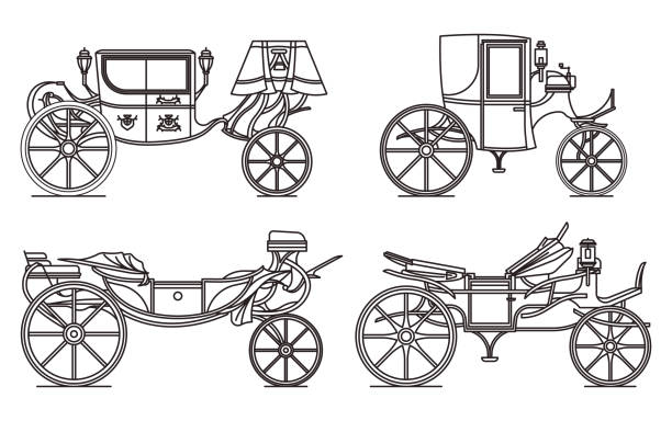 Outline set of retro cab or carriage Outline set of retro cab or vintage carriages, medieval chariot or victorian transport. Wheeled waggon or coach. Royal buggy or cartoon calash. Contour icons. Transportation theme caleche stock illustrations