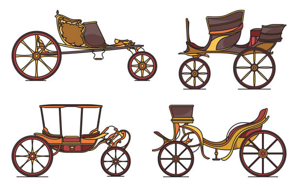 Set of classic cab of XIX century, retro wagon Set of classic cab of XIX century or retro wagon, vintage chariot or old carriage for transportation. Isolated icons of cart outline or contour. Opened perth-cart. Clarence or landau, stagecoach or caleche caleche stock illustrations