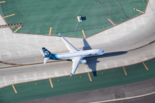 Los Angeles, USA - March 29, 2018: Alaska Airlines Boeing 737-800 at Los Angeles Int. Airport. Alaska Airlines is a major American airline headquartered in SeaTac, Washington, within the Seattle metropolitan area. It is the fifth largest airline in the United States when measured by fleet size, scheduled passengers carried, and the number of destinations served.